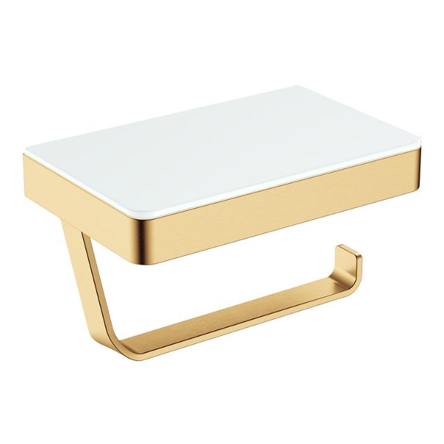 Fienza Tono toilet roll holder with glass shelf, urban brass finish, wall-mounted bathroom accessory