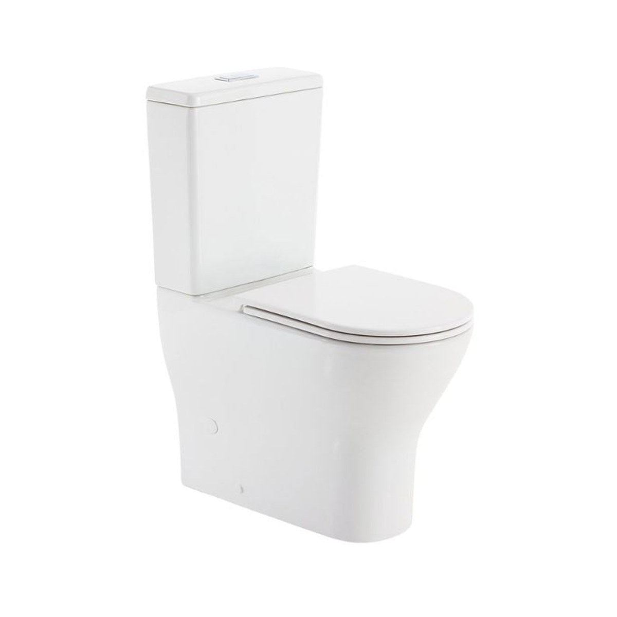 Fienza Tono white back-to-wall toilet suite with slim seat, tall cistern and rounded pan, front angle view