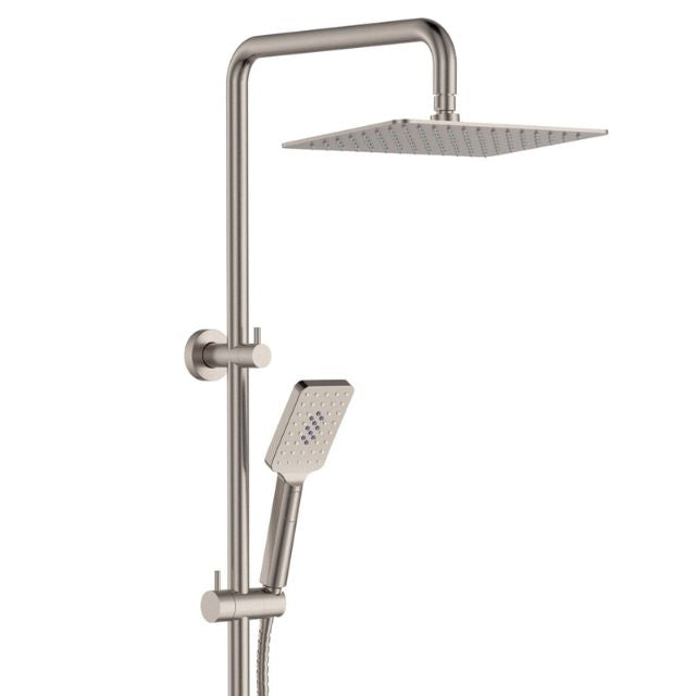 Fienza Tono twin shower rail in brushed nickel, with overhead square rain shower and handheld shower head