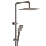 Fienza Tono twin rail shower in gun metal with overhead square head and handheld shower on wall rail