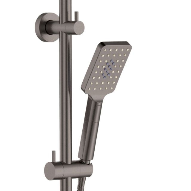Fienza Tono twin rail shower in gun metal, with handheld shower on adjustable rail against white background