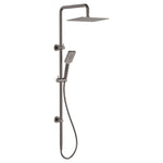 Fienza Tono twin shower in gun metal, wall-mounted rail with overhead square shower head and handheld showerhead.