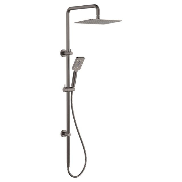 Fienza Tono twin shower in gun metal, wall-mounted rail with overhead square shower head and handheld showerhead.