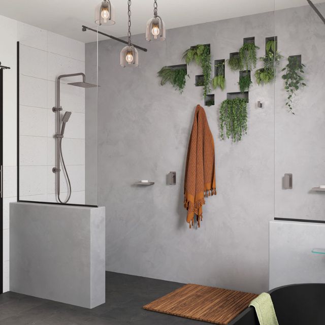 Fienza Tono twin shower in gun metal, wall-mounted rail with overhead and hand shower in a modern bathroom