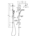 Technical drawing of Fienza Tono twin shower in gun metal, showing wall-mounted rail, overhead head, hand shower and 1.5m hose