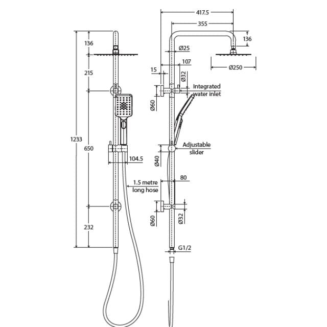 Technical drawing of Fienza Tono twin shower in gun metal, showing wall-mounted rail, overhead head, hand shower and 1.5m hose