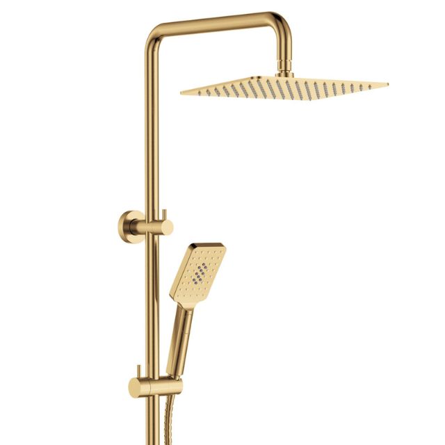 Fienza Tono twin rail shower in urban brass with overhead shower and handheld shower on a wall-mounted rail