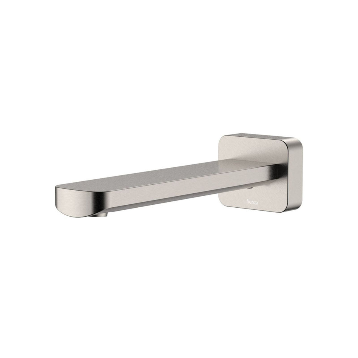 Fienza Tono wall basin/bath outlet in brushed nickel, 180mm fixed spout, shown front on white background