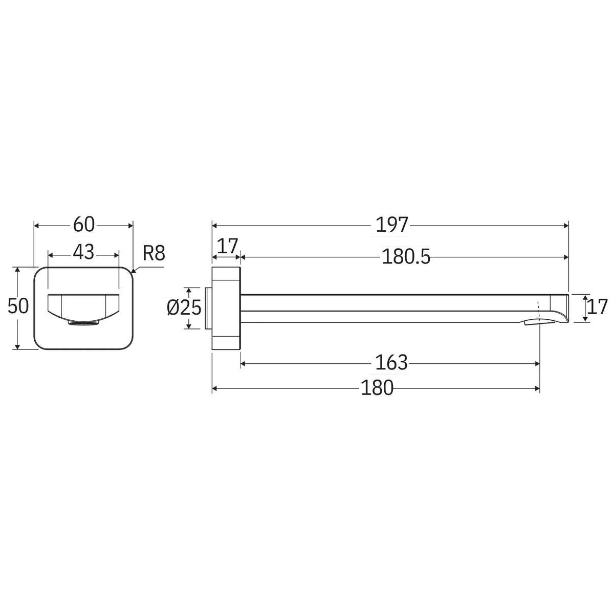 Fienza Tono wall basin/bath outlet technical drawing in Urban Brass, showing 180mm reach and 60mm back plate dimensions
