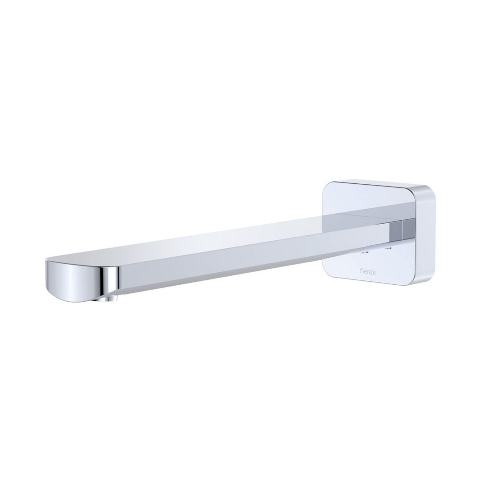 Fienza Tono wall basin/bath outlet in chrome, long square spout with wall plate, side view