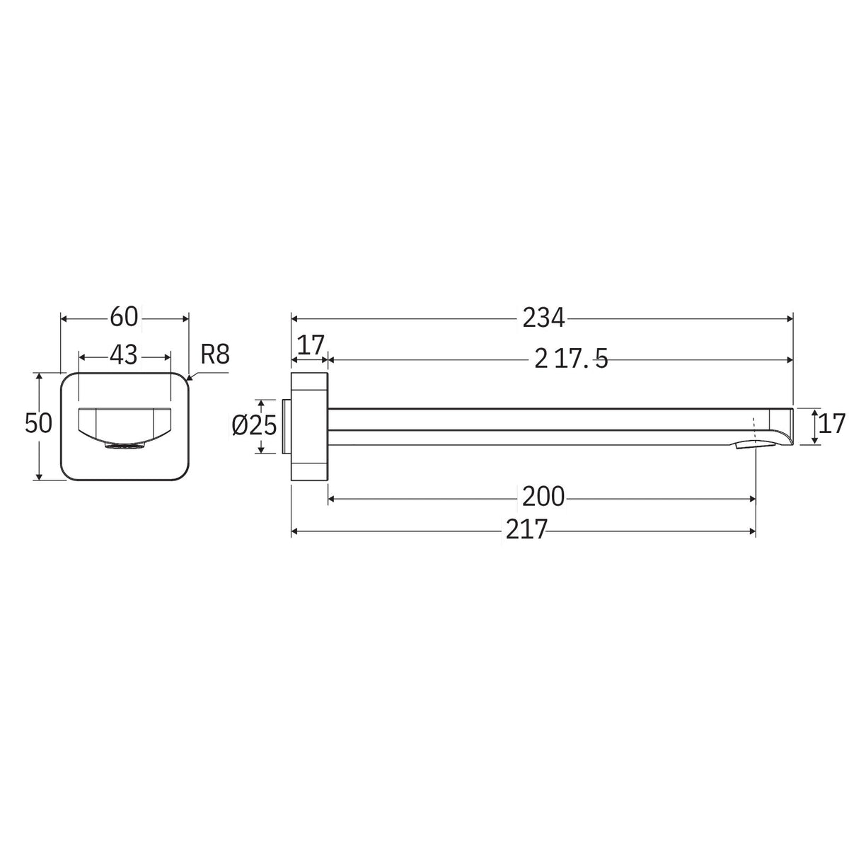 Technical drawing of Fienza Tono wall basin/bath outlet in matte black, showing 220mm reach and dimensions 50, 60 and 234mm.