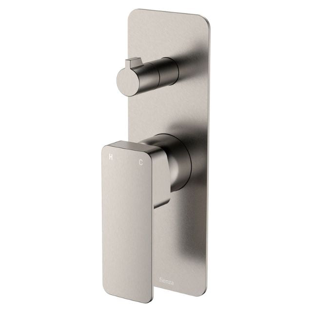 Fienza Tono wall diverter mixer in brushed nickel, square wall plate with lever and diverter controls