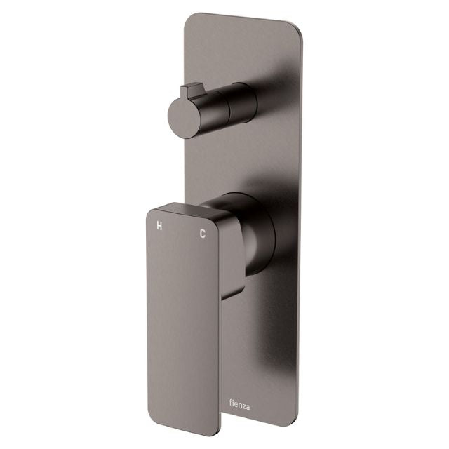 Fienza Tono wall diverter mixer in gun metal, square wall-mounted plate with two controls, shown on white background