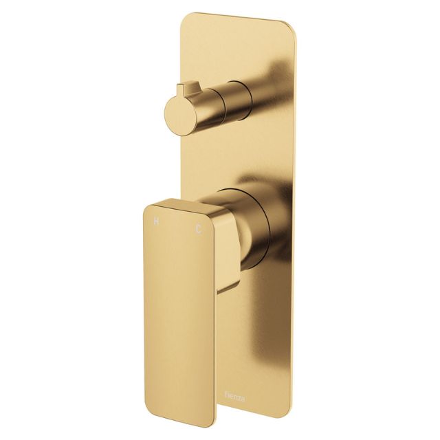 Fienza Tono wall diverter mixer in urban brass, square wall-mounted tap with lever handle and diverter knob