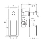Fienza Tono wall diverter mixer technical drawing, square urban brass plate with dimensions and side profile view