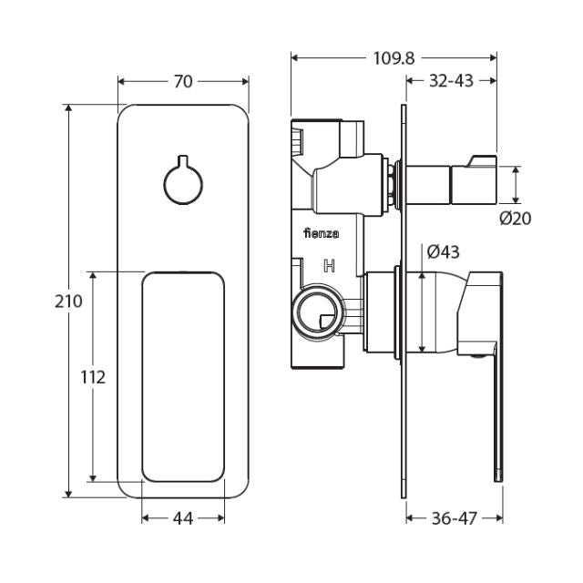Fienza Tono wall diverter mixer technical drawing, square urban brass plate with dimensions and side profile view