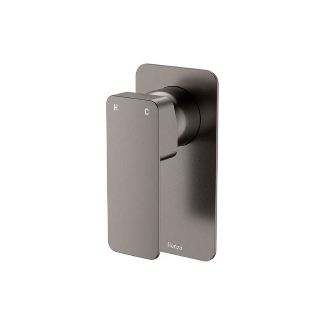 Fienza Tono gun metal wall mixer with large rectangular plate, front view on white background