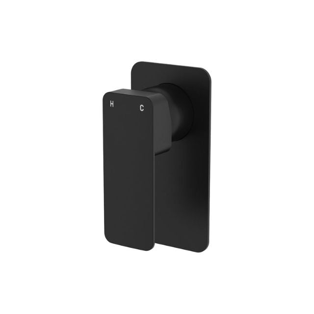 Fienza Tono wall mixer in matte black with large rectangular wall plate and single lever handle, front view