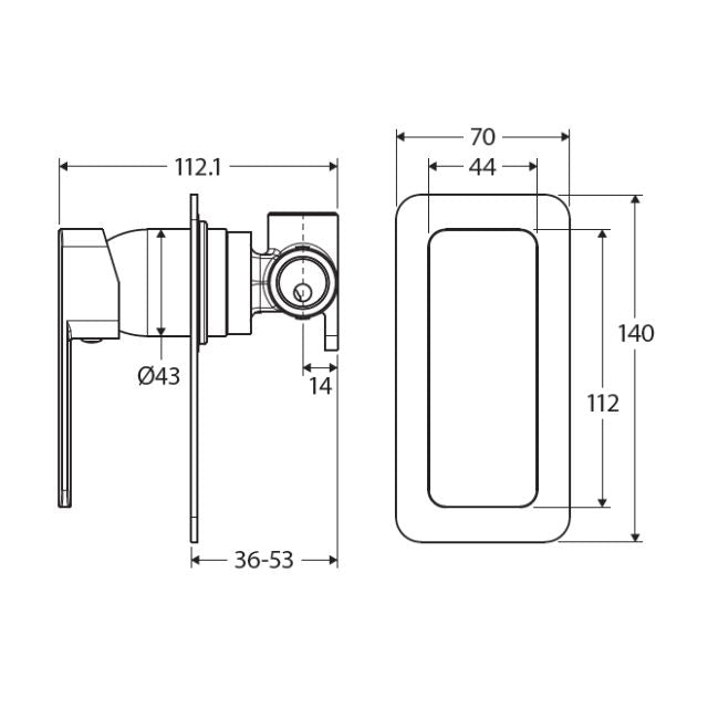 Fienza Tono wall mixer technical drawing, large rectangular plate in matte black, showing side and front dimensions