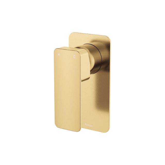 Fienza Tono wall mixer with large rectangular plate in urban brass, wall mounted tap on white background