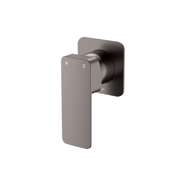 Fienza Tono small wall mixer in gun metal, square plate and lever handle, front view on white background
