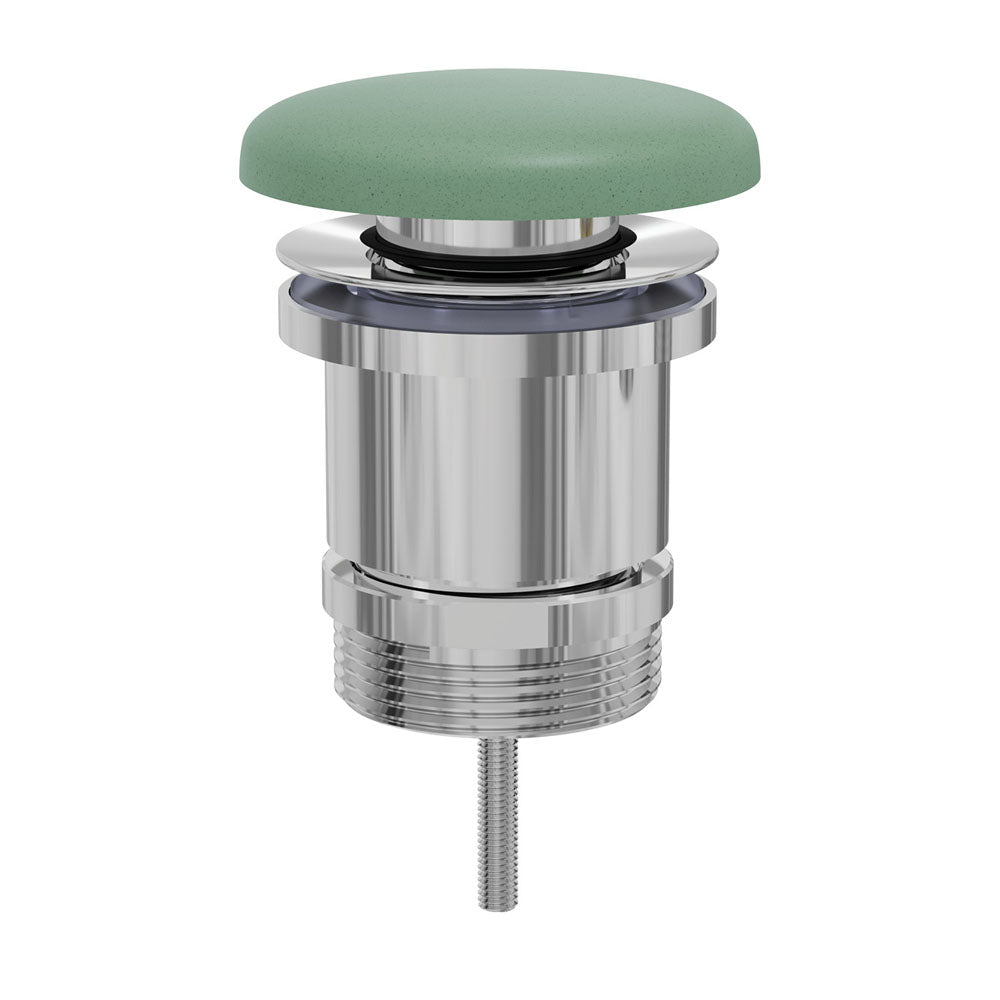 Fienza pop-up basin waste with sage concrete cap and chrome brass body, shown isolated on white