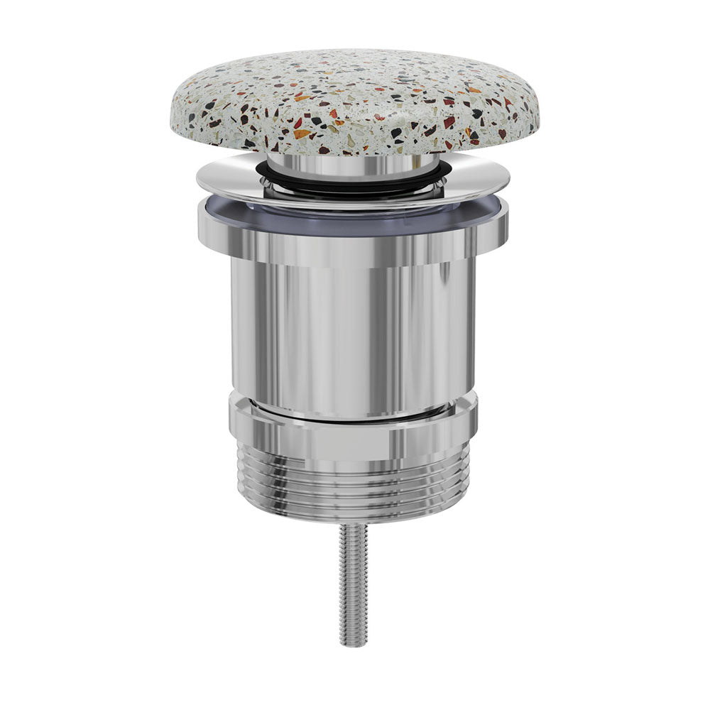 Fienza terrazzo concrete pop-up basin waste in grey with chrome brass body, shown on white background