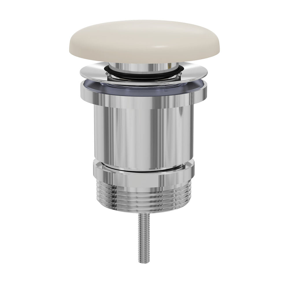 Fienza universal basin waste with warm white concrete pop-up cap and chrome body, shown on white background