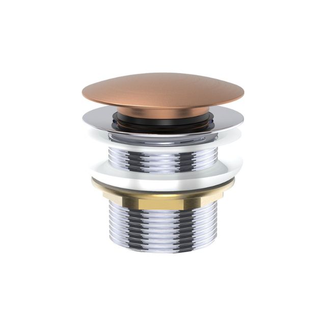 Fienza brushed copper brass cap bath waste, round pop-up plug for non-overflow baths, isolated on white