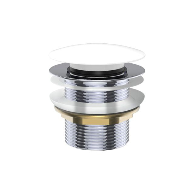Fienza gloss white brass bath waste with pop-up cap, 40mm non-overflow plug and waste, shown on white background