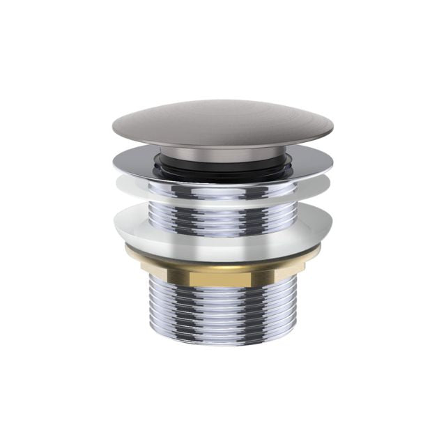 Fienza universal pull-out bath waste in gun metal, shown on white background with chrome and brass threaded body and pop-up cap
