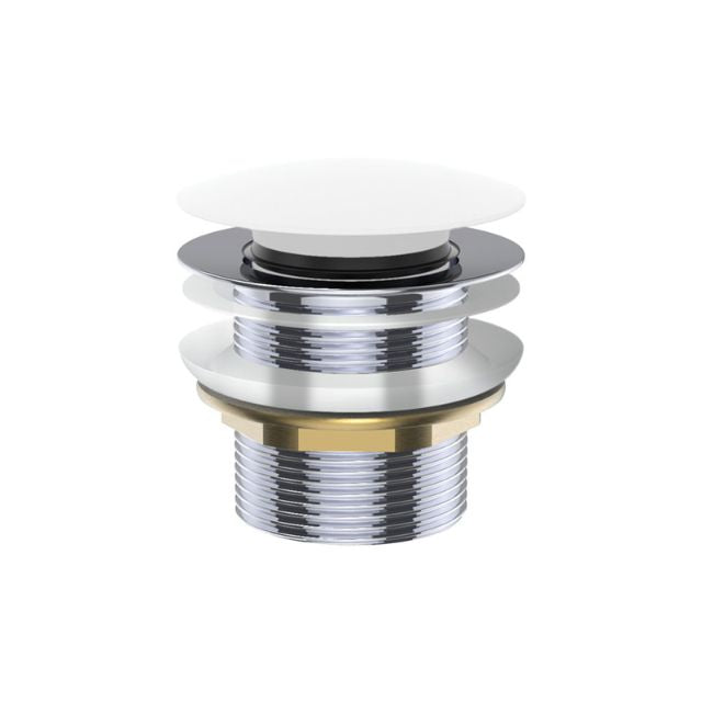 Fienza brass bath waste, matte white pop-up cap, front view on white background