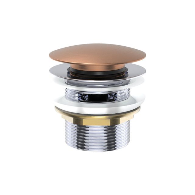 Fienza brass bath waste with overflow, brushed copper cap and chrome body, isolated on white background