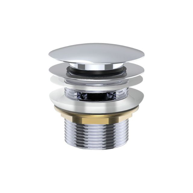 Fienza chrome pull-out/pop-up brass bath waste with overflow, shown front-on on white background