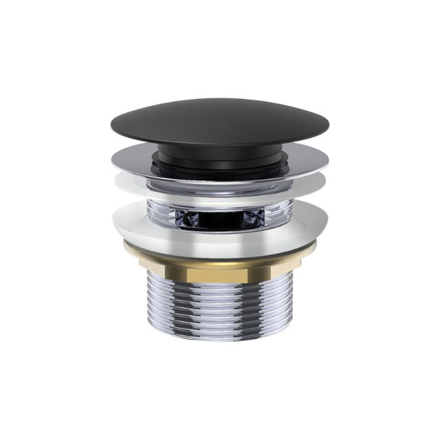 Fienza matte black brass bath waste with chrome overflow ring and 40mm threaded outlet, front view on white background