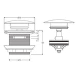 Fienza Urban Brass bath waste technical drawing with overflow, showing side and front views with measurements.