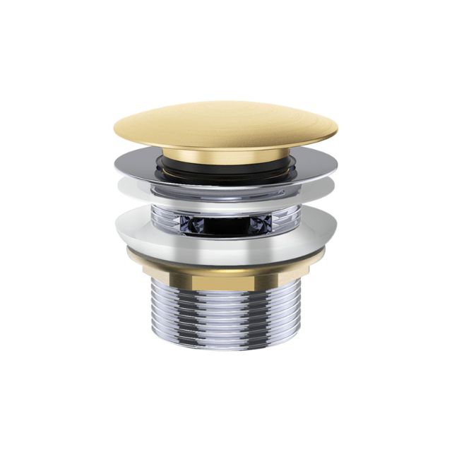 Fienza Universal Pull-Out/Pop-Up bath waste in Urban Brass, showing the brass cap and threaded fitting on white background