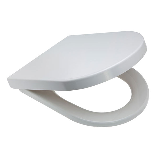Fienza Universal UF toilet seat in white, D-shaped, shown closed in angled product view