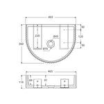 Fienza Valentina wall basin technical drawing, fluted arch concrete in Sage, 465 x 360 x 119mm, front and side views