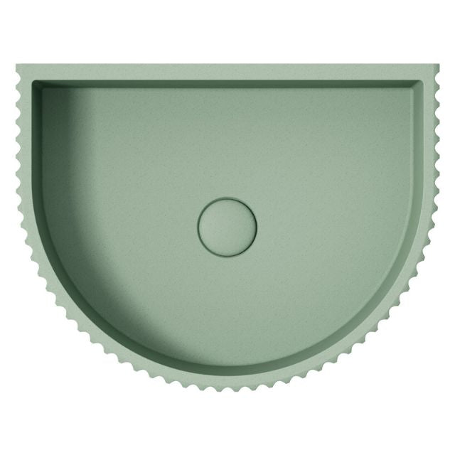 Fienza Valentina sage concrete fluted arch wall basin, top view with round waste hole in centre