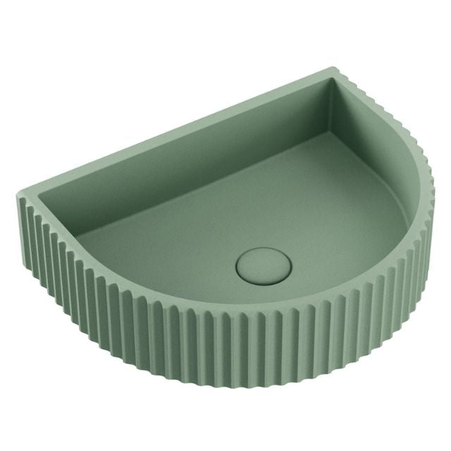 Fienza Valentina sage concrete fluted arch wall basin, front view with round waste hole