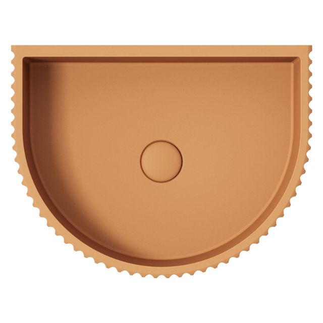 Fienza Valentina Tuscan concrete fluted arch wall basin, top view, semi-circular with central waste hole