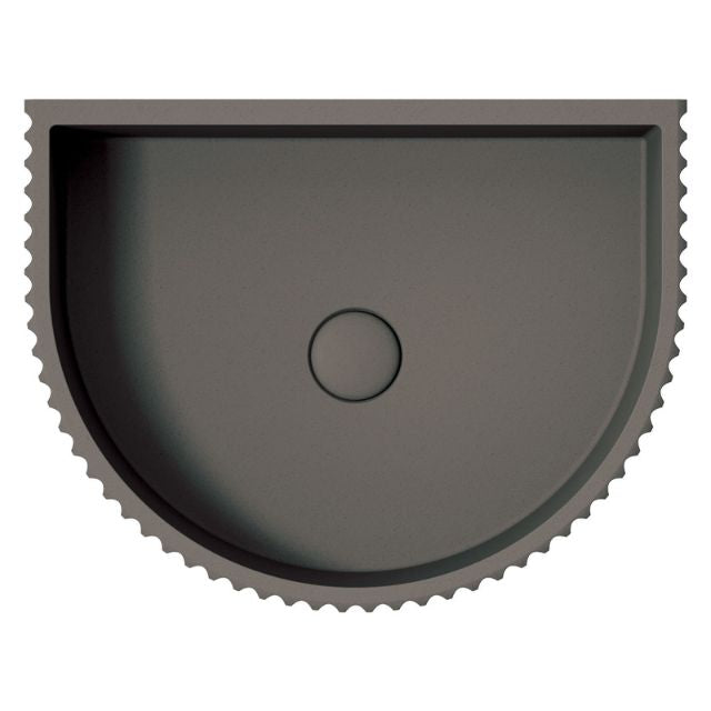 Fienza Valentina concrete fluted arch wall basin in warm grey, front view with no tap hole or overflow