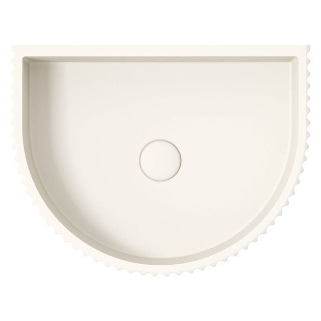 Fienza Valentina warm white concrete fluted arch wall basin, front view, with centred waste hole
