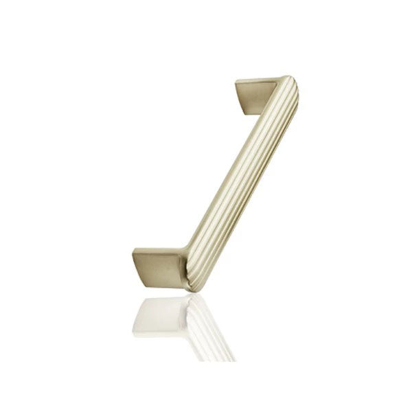 ADP Fluted Premium Handle in brushed brass, fluted cabinet pull shown on white background with reflected shadow