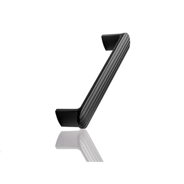 ADP Fluted Premium Handle in matte black, ribbed D-handle cabinet pull on white background