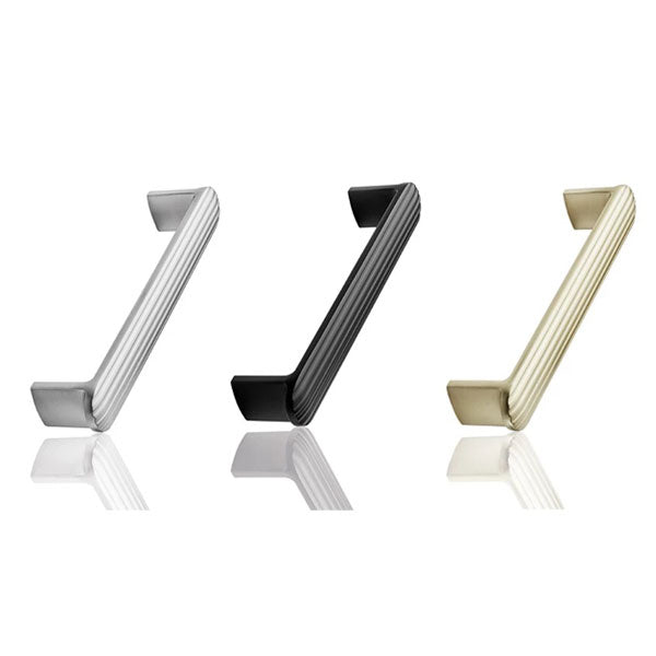 ADP Fluted Premium Cabinet Handle in brushed nickel, shown with matte black and brushed brass finishes on white background