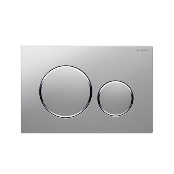 Geberit Sigma 20 concealed toilet button plate, matte grey with chrome trim, dual flush rectangular front view