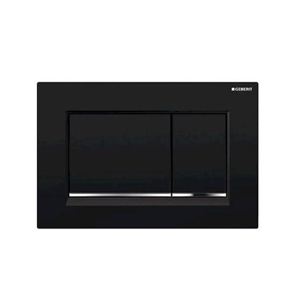 Geberit Sigma20 square dual flush plate in black with chrome trim, concealed toilet button panel