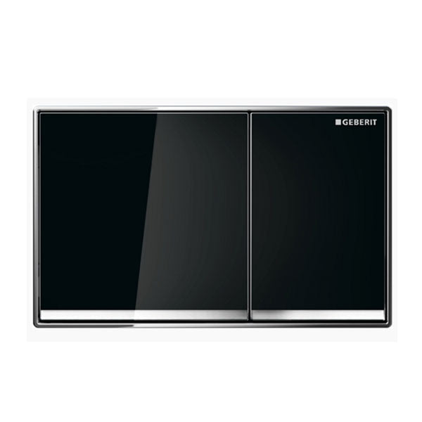 Geberit Sigma 60 glass dual flush plate in black, rectangular concealed toilet button with chrome trim
